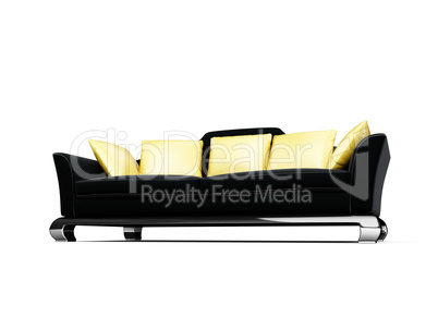 Black couch with gold pillows over white