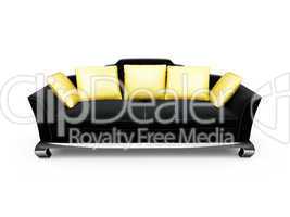 Black couch with gold pillows over white