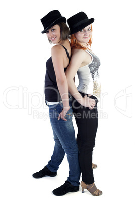 Two ladies with hats on a white background