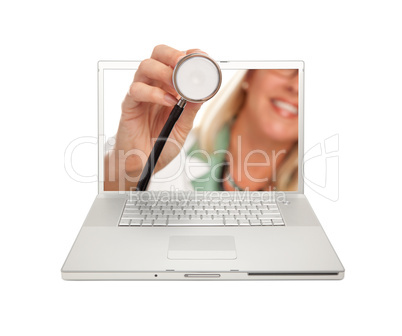 Female Doctor Holding Stethoscope Through Laptop Screen