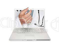 Doctor Handing Pill Through Laptop Screen