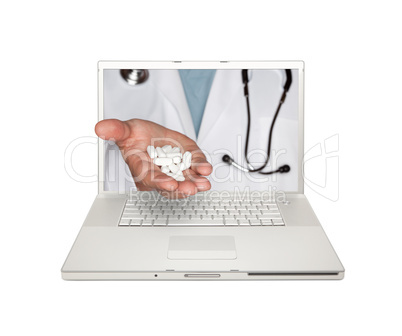 Doctor Handing Pills Through Laptop Screen