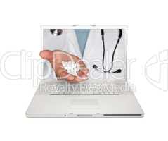 Doctor Handing Pills Through Laptop Screen