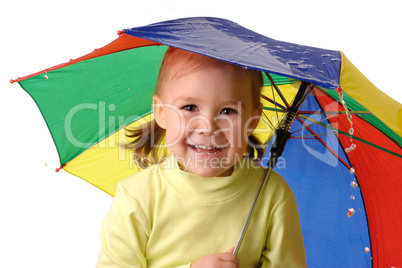 Cute child catching raindrops under umbrella