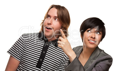 Diverse Caucasian Male and Multiethnic Female Pointing Up