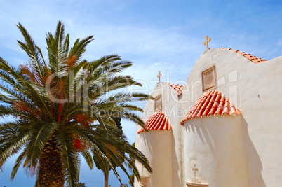 Orthodox Church and palm tree fronds, Crete, Greece