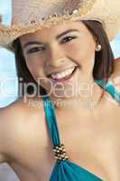 Beautiful Happy Latina Hispanic Woman in Bikin and Cowboy Hat