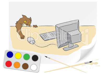 Drawing cat and computer