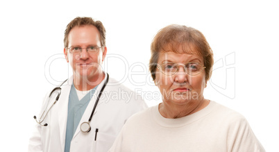 Concerned Senior Woman with Doctor Behind.