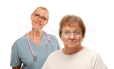 Concerned Senior Woman with Doctor Behind.