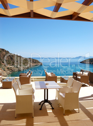 Sea view relaxation area of luxury hotel, Crete, Greece