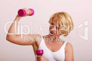 blond woman with dumbell