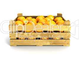 wooden crate full of oranges.