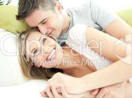 Cute lovers having fun together in the living-room