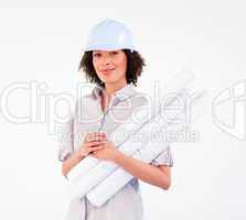 Architect woman with hard-hat holding blueprints