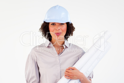 Engineer woman holding blueprints