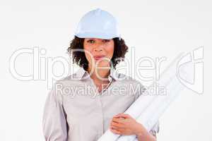 Engineer woman holding blueprints