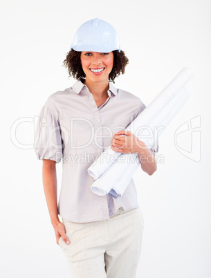 Smiling architect woman holding plans