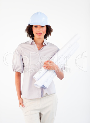 Female architect holding architectural plans