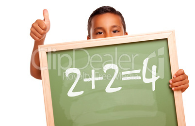 Proud Hispanic Boy Holding Chalkboard with Math Equation