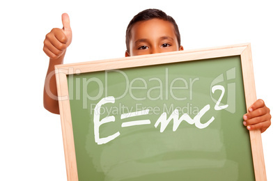 Proud Hispanic Boy Holding Chalkboard with Theory of Relativity