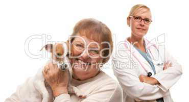 Happy Senior Woman with Dog and Veterinarian