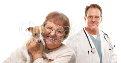 Happy Senior Woman with Dog and Male Veterinarian