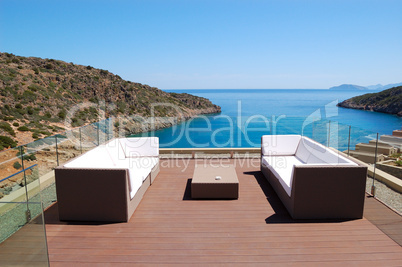 Sea view relaxation area of luxury hotel, Crete, Greece