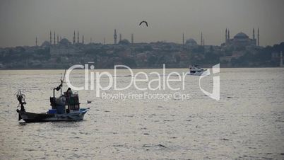 Turkey, Istanbul, Fishing boats near Hagia Sophia Mosque