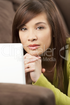 Beautiful Chinese Asian Woman Laying Down Using White Laptop Com