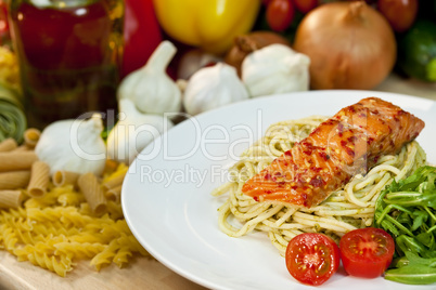 Seared Chili Salmon Fillet With Pesto Spaghetti & Rocket Salad