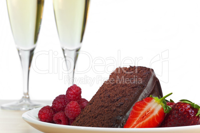 Champagne, Chocolate Cake, Raspberries and Strawberries