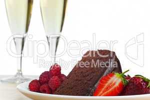 Champagne, Chocolate Cake, Raspberries and Strawberries
