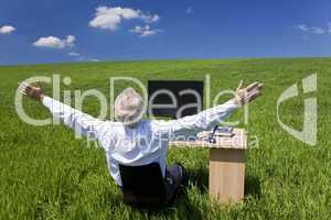 Businessman Celebrating Arms Raised At Desk In Green Field