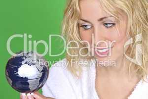 Beautiful Blonde Woman With Globe On Green Background