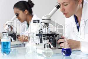 Female Scientific Research Team Using Microscopes in Laboratory