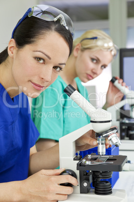 Female Scientific Research Team Using Microscopes in a Laborator