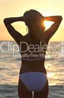 Rear View Blond Woman On Beach In Bikini At Sunset