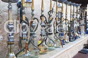 Arabic Shisha Waterpipes Lined Up In A Restaurant