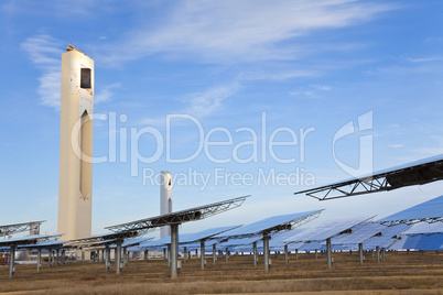 Renewable Green Energy Solar Towers Surrounded by Mirror Panels