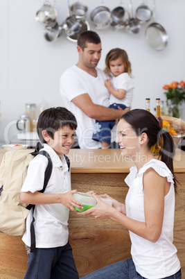 Smiling mother giving school lunch to her son