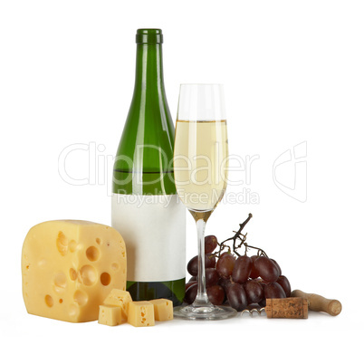 Bottle and glass of white wine with cheese