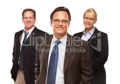 Businessman with Team Portrait on White