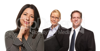 Hispanic Woman In Front of Businesspeople on White