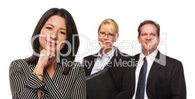 Hispanic Woman In Front of Businesspeople on White