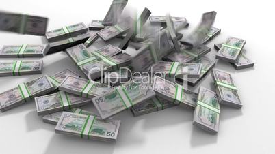 US dollar banknotes falling into pile