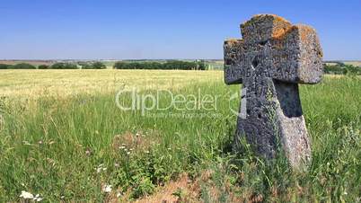Ancient tomb cross in the green field (Full HD)
