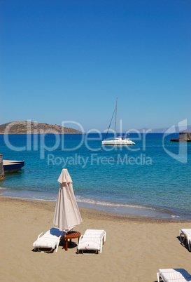 Recreation yacht and beach of luxury hotel, Crete, Greece