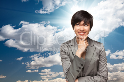 Pretty Multiethnic Young Adult Woman Over Clouds