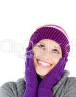 Bright woman with purple gloves and a colourful hat